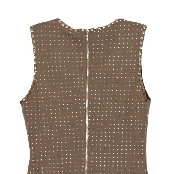 Esley Mini Bodycon Dress Size M NWT Taupe Gold Studded Sleeveless Party Rocker - Picture 5 of 8